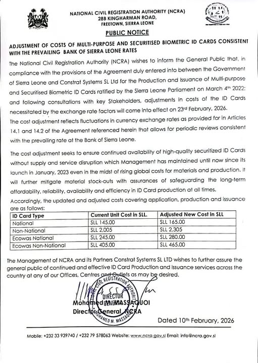Announcement of cost adjustment for biometric ID cards